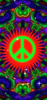 Colorful kaleidoscope wallpaper with peace symbol.