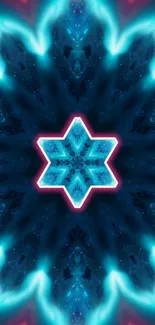 Vibrant teal kaleidoscope wallpaper with a neon star pattern.