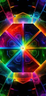 Vibrant kaleidoscope wallpaper with rainbow geometric patterns.