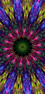 Vibrant kaleidoscope pattern wallpaper with blue, pink, and green hues.