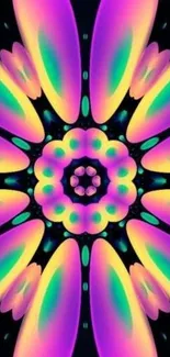 Vibrant kaleidoscope mobile wallpaper with neon colors and abstract design.