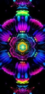 Vibrant abstract kaleidoscope wallpaper with neon colors and intricate patterns.