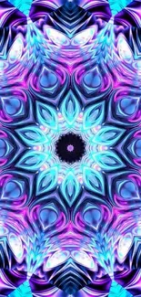 Vibrant kaleidoscope pattern in blue, purple, and pink hues.