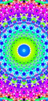 Vibrant kaleidoscope wallpaper with mandala and bright colors for phone screen.