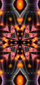 Vibrant kaleidoscope wallpaper with abstract fiery design.