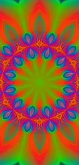 Vibrant green kaleidoscope mandala wallpaper with vivid colors.