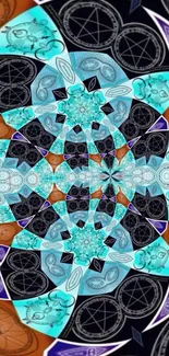 Vibrant kaleidoscope wallpaper with geometric shapes in teal, blue, and orange.