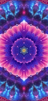 Kaleidoscope galaxy mandala wallpaper in purple, blue, and pink.