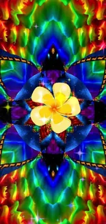 Vibrant kaleidoscope wallpaper with yellow flower.