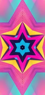 Vibrant kaleidoscope star pattern with pink, blue, and yellow hues.