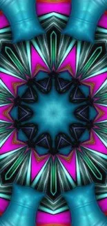 Colorful kaleidoscope pattern with vibrant teal and pink hues.