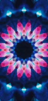 Colorful kaleidoscopic floral wallpaper with blues and pinks.