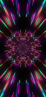 Multicolored neon kaleidoscopic wallpaper with a black backdrop.