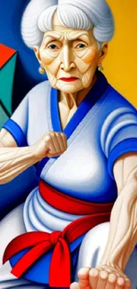 Elderly woman in karate pose with vibrant blue and red colors.