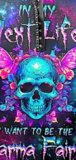 Vibrant skull with butterflies and cosmic colors on mobile wallpaper.