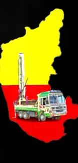 Karnataka map with colorful truck art on black background.