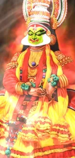 Kathakali dancer in vibrant costume with traditional makeup and attire.