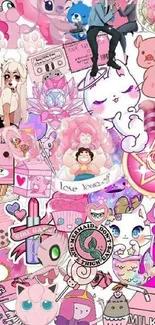 Vibrant kawaii aesthetic collage with pink theme for phone wallpaper.