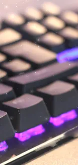 Close-up of a glowing keyboard with purple-blue lights.