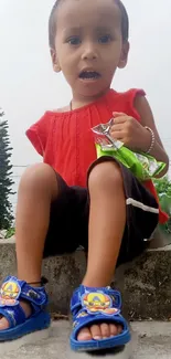 Child with red shirt and blue sandals sitting outdoors.