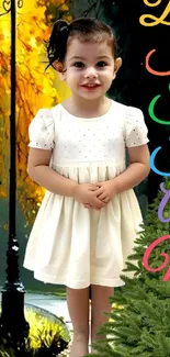 Joyful child in white dress with vibrant background and colorful text.