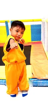 Child in orange outfit standing in a colorful playroom with vibrant accents.