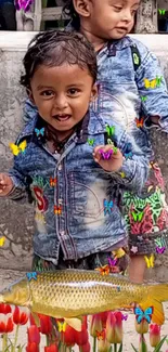 Children with colorful butterflies and fish on a gray background wallpaper.