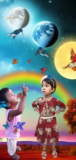 Vibrant fantasy wallpaper with kids, butterflies, and a cosmic sky.