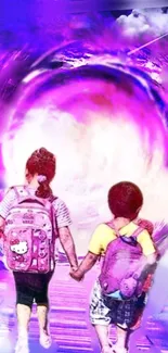 Two kids walk into a vibrant purple vortex.