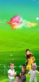 Children playing on a green field with vibrant colors.