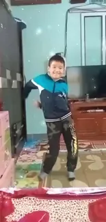 Boy dancing in a colorful kid's room with vibrant decor and home interior.