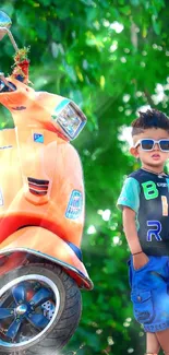 Young boy with orange scooter in lush greenery, stylish and vibrant.