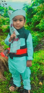 Child in traditional outfit amidst lush green nature.