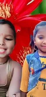 Smiling children with red flower background.