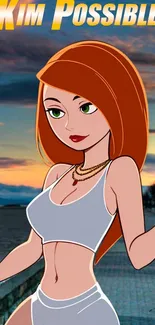 Kim Possible character with sunset backdrop.