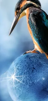 Kingfisher perched on icy blue orb with vibrant colors.