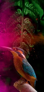 Vibrant kingfisher with magenta background and foliage.