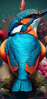 Colorful kingfisher artwork with vibrant teal and orange hues on a textured background.