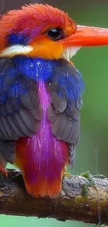 Vibrant kingfisher bird with colorful feathers perched on a branch.