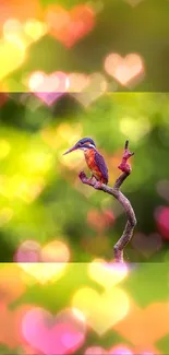 Kingfisher on branch with heart bokeh background in vibrant colors.