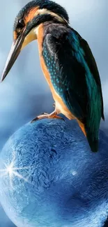 Kingfisher perched on an icy blue globe, nature wallpaper.