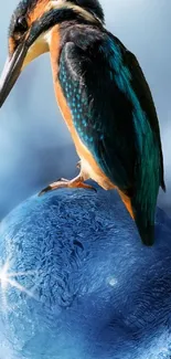 Vibrant kingfisher perched on icy globe with a blue textured background.