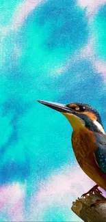 Kingfisher on a branch with a colorful tie-dye background.