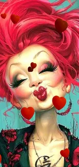 Cartoon character with pink hair, kissing lips, surrounded by hearts.