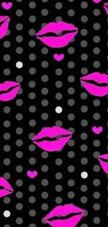 Trendy wallpaper with pink lips and polka dots on a black background.