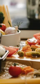 Colorful pasta and fresh ingredients on a rustic kitchen table.