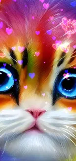 Artistic wallpaper of a vibrant kitten with stunning blue eyes.