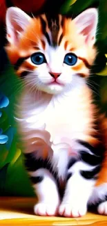 Vibrant kitten art wallpaper with colorful floral background.