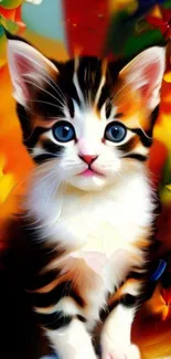 Colorful kitten artwork with floral elements.