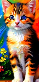 Vibrant and colorful kitten art wallpaper with flowers.